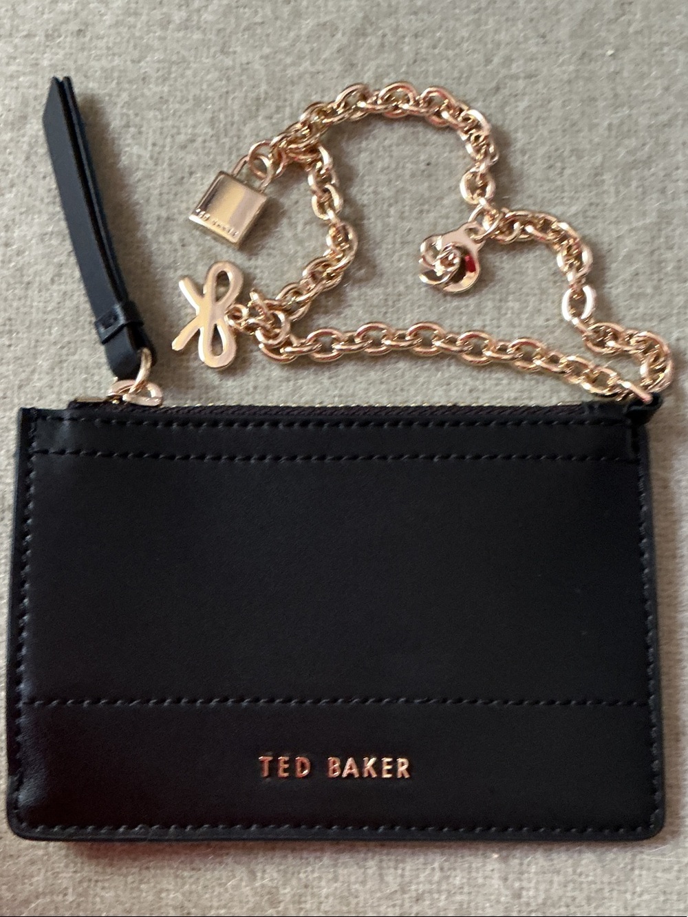Ted Baker Black Leather Card Holder with Rose Gold Chain & Charm